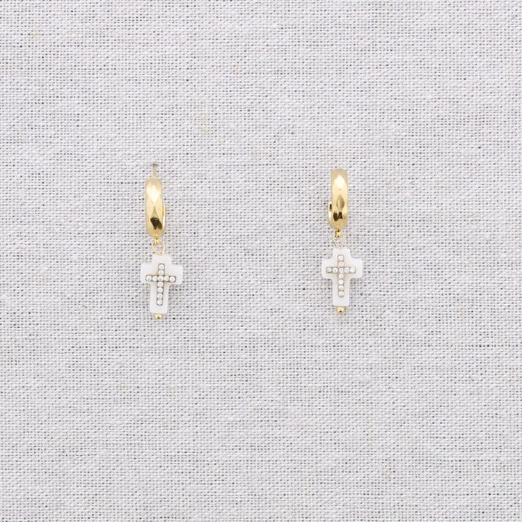 STEEL HOOP EARRINGS PENDANT CROSS NACRE 2