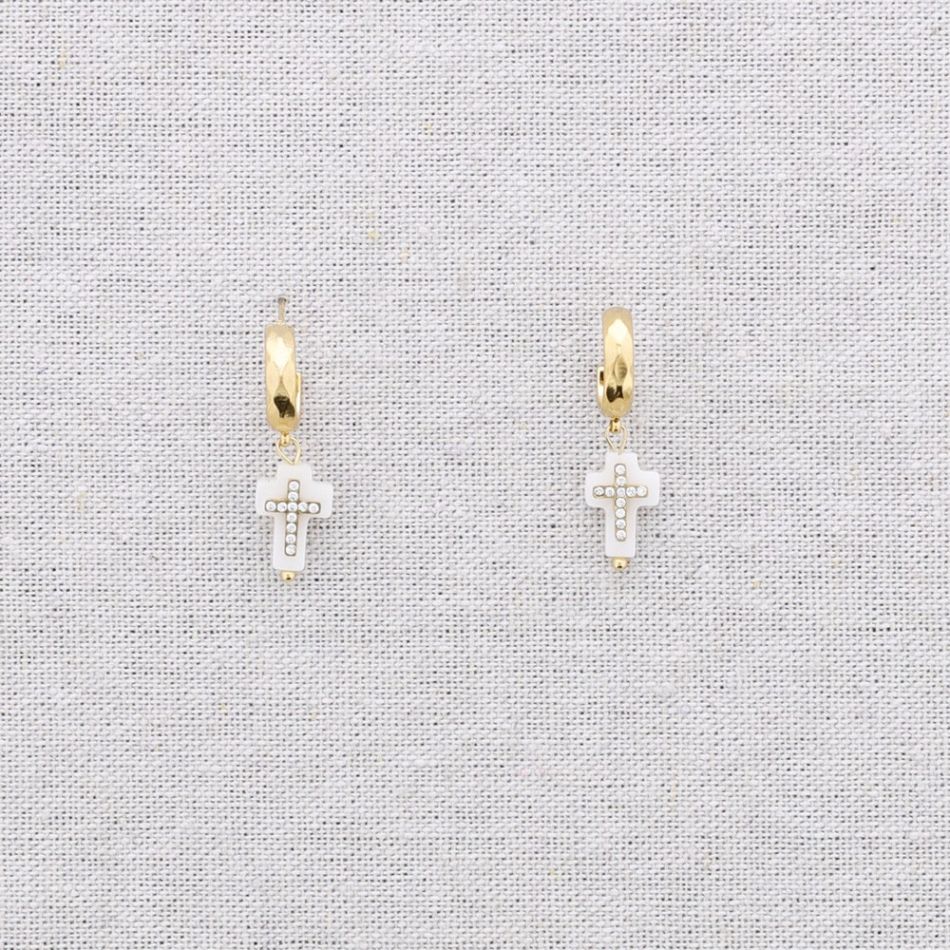 STEEL HOOP EARRINGS PENDANT CROSS NACRE
