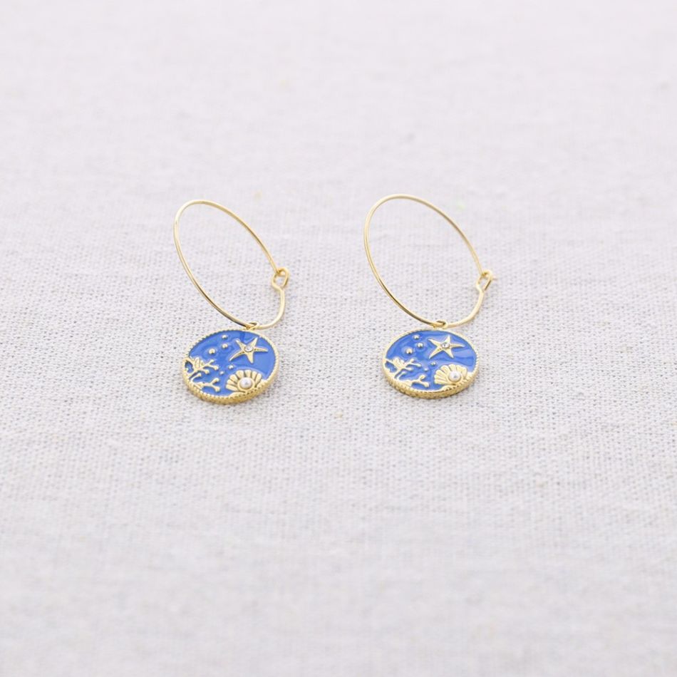 STEEL HOOP EARRINGS PENDANT MEDAL WITH MARINE MOTIF