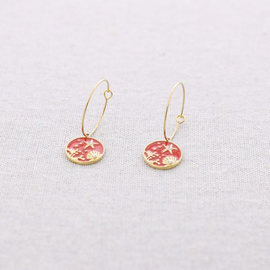 STEEL HOOP EARRINGS PENDANT MEDAL WITH MARINE MOTIF