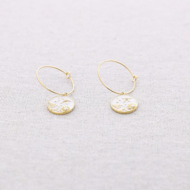 STEEL HOOP EARRINGS PENDANT MEDAL WITH MARINE MOTIF