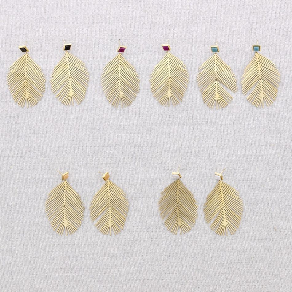 STEEL EARRINGS STONE PENDANT OPENWORK LEAF