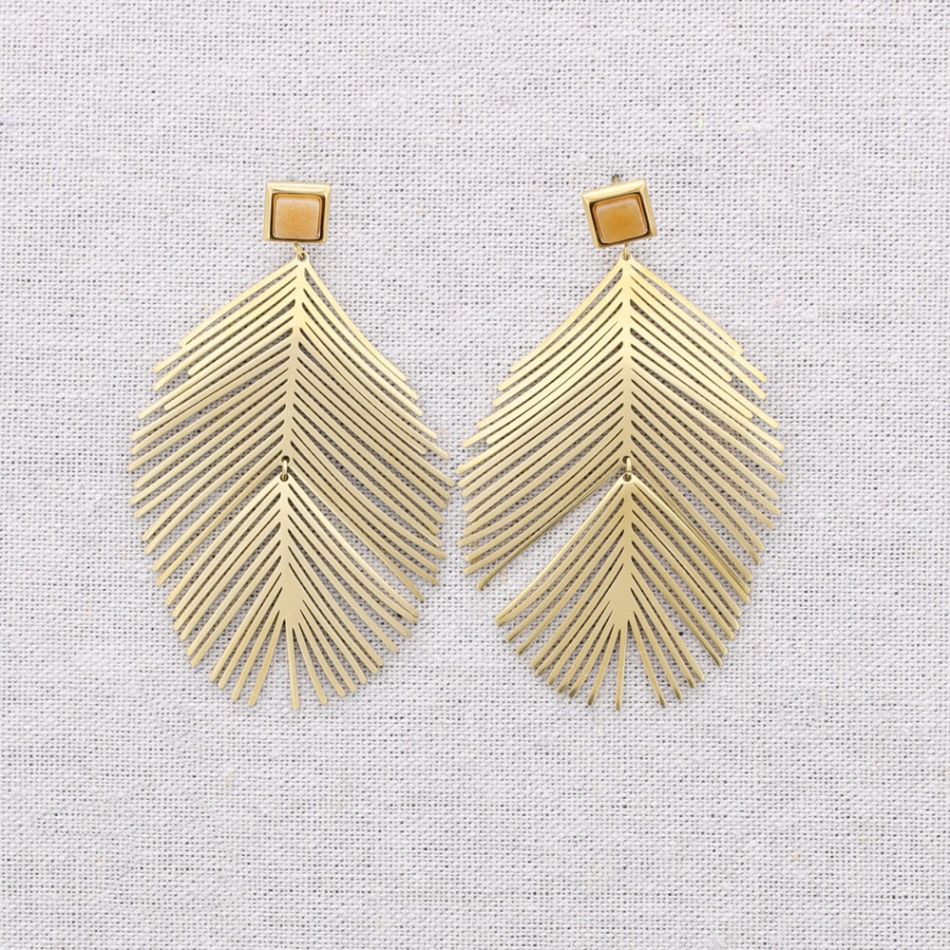 STEEL EARRINGS STONE PENDANT OPENWORK LEAF