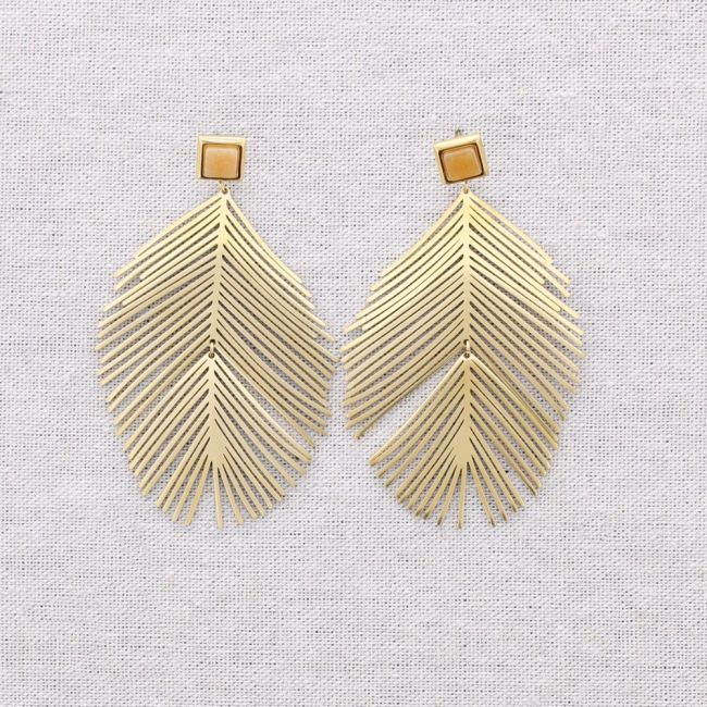 STEEL EARRINGS STONE PENDANT OPENWORK LEAF