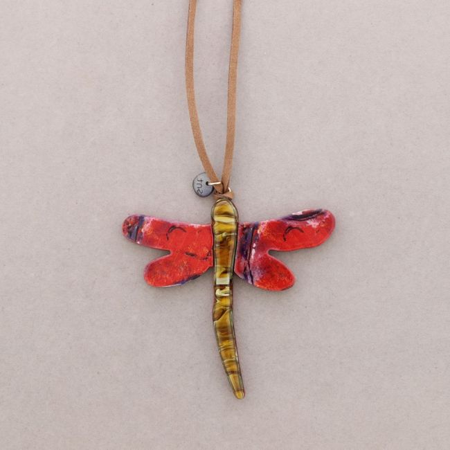 LONG NECKLACE PENDANT DRAGONFLY RESIN DRAWING