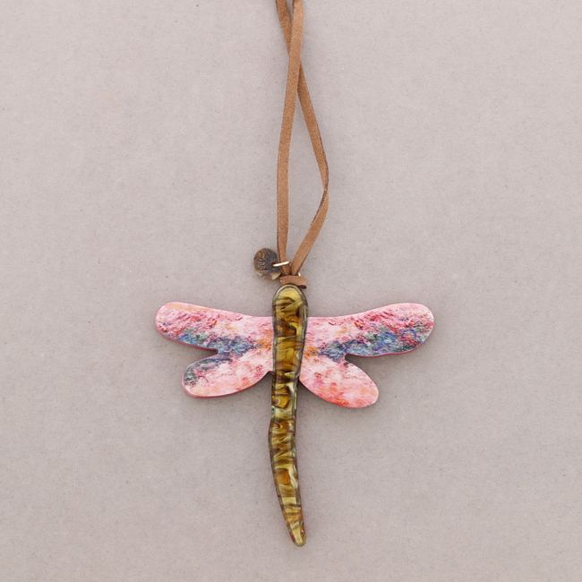 LONG NECKLACE PENDANT DRAGONFLY RESIN DRAWING