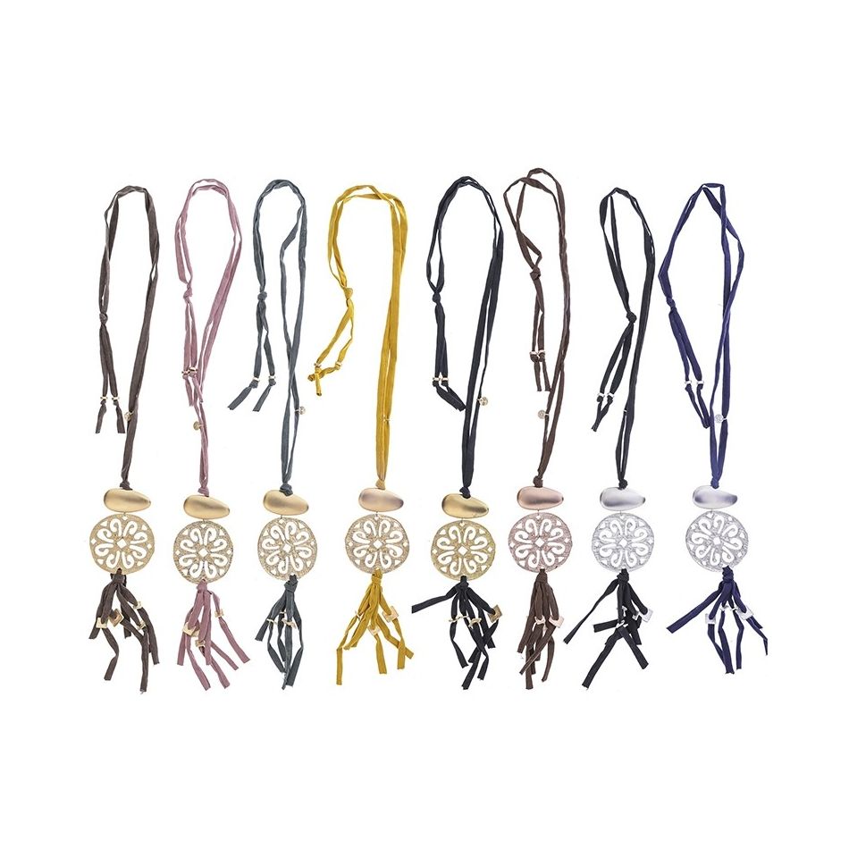 LONG TUBE NECKLACE WITH FRINGE MEDAL