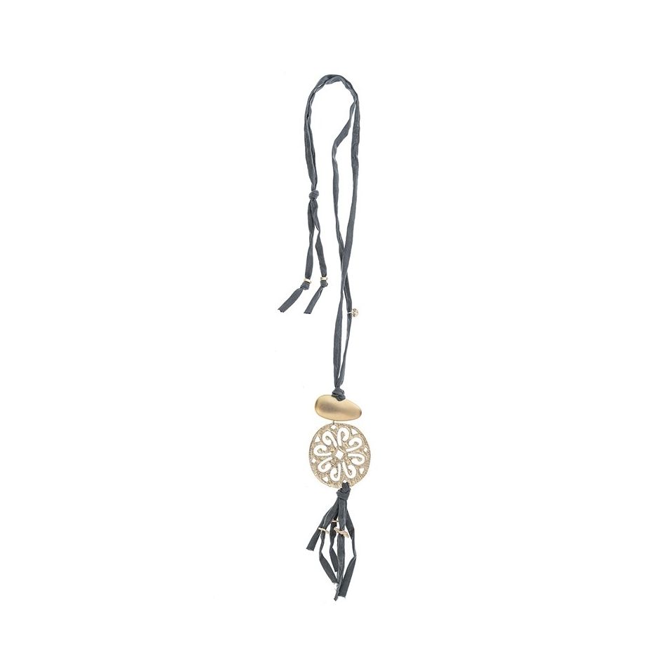 LONG TUBE NECKLACE WITH FRINGE MEDAL
