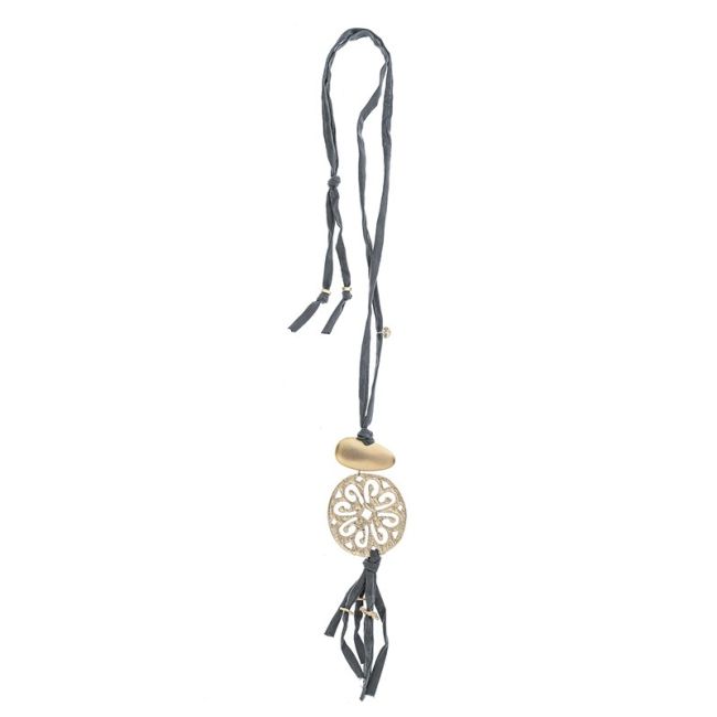 COLLAR LARGO TUBO LAZO MEDALLA FLECO