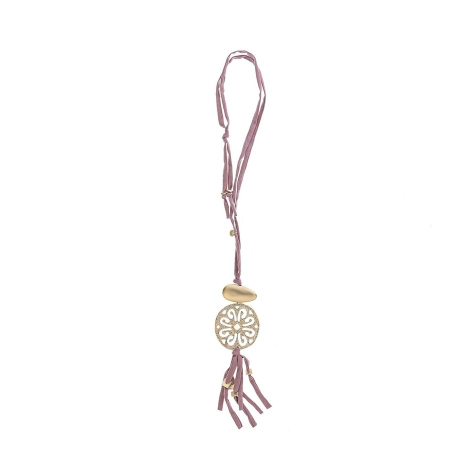 LONG TUBE NECKLACE WITH FRINGE MEDAL