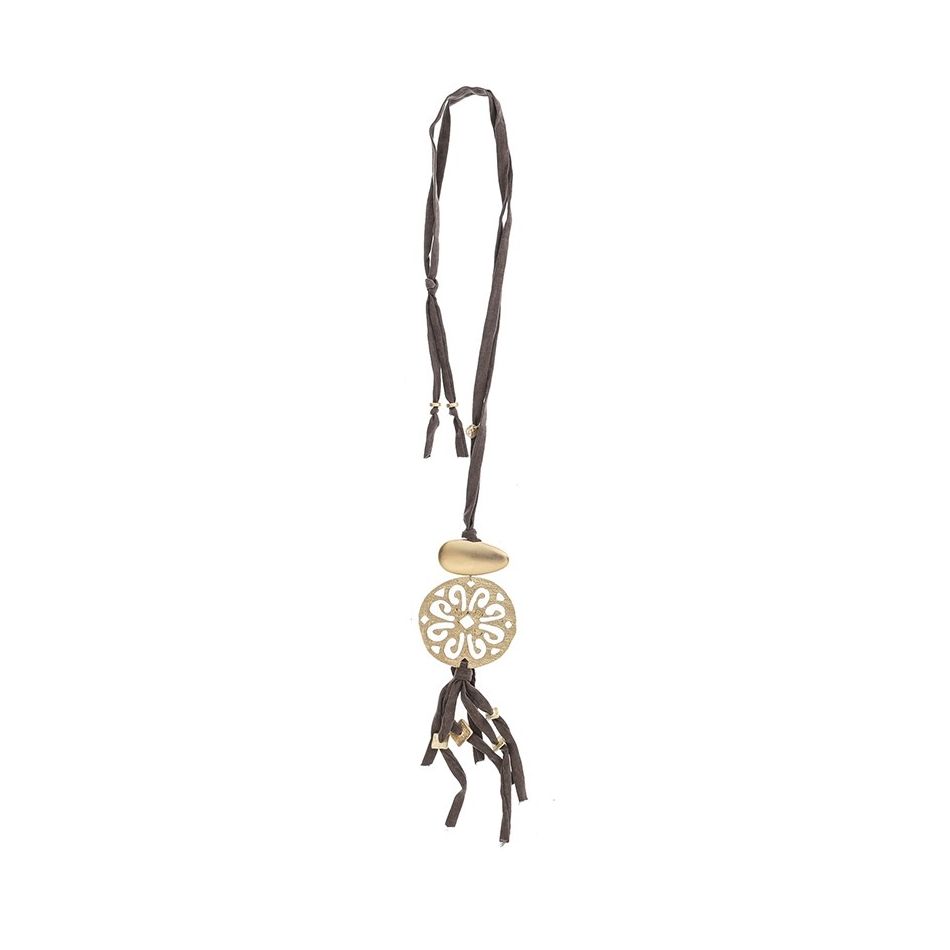 LONG TUBE NECKLACE WITH FRINGE MEDAL