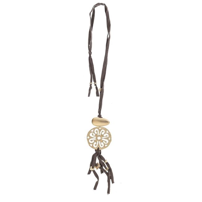 LONG TUBE NECKLACE WITH FRINGE MEDAL