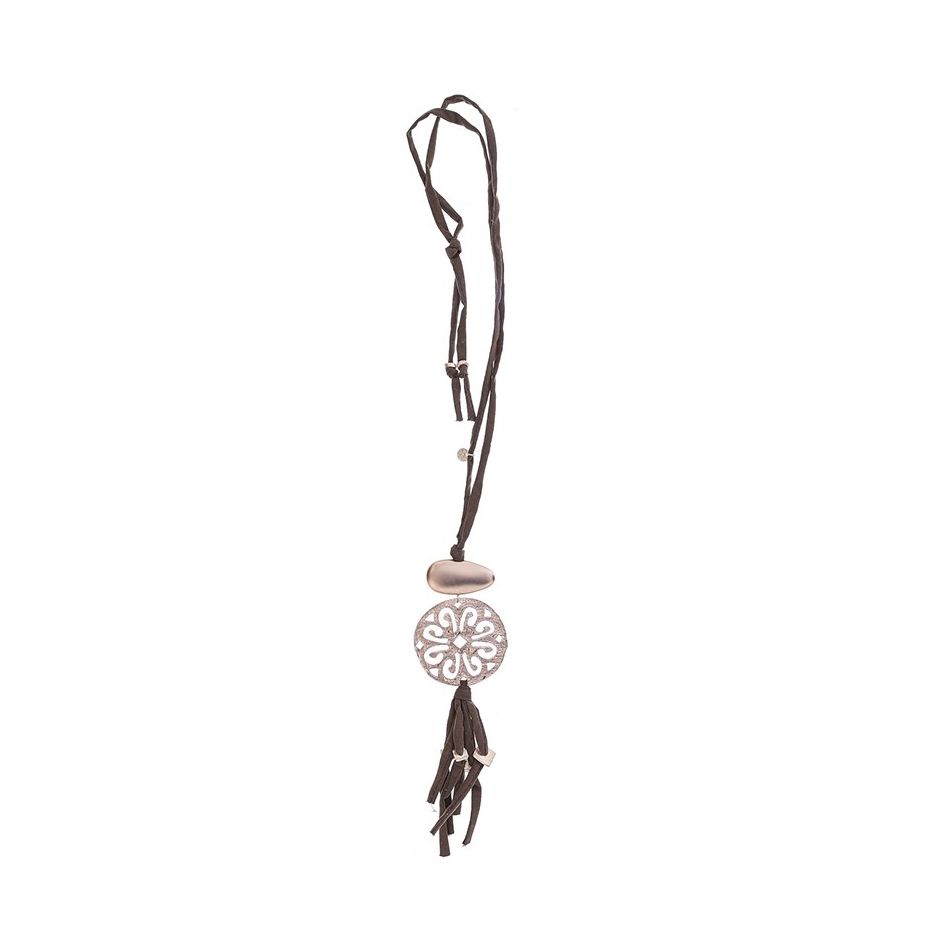 LONG TUBE NECKLACE WITH FRINGE MEDAL