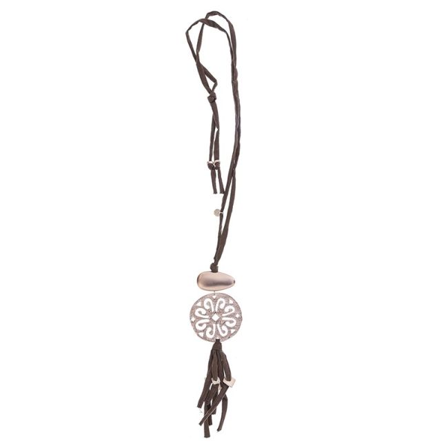 COLLAR LARGO TUBO LAZO MEDALLA FLECO
