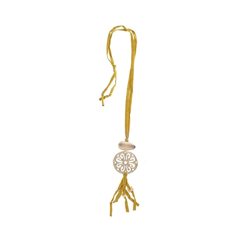 COLLAR LARGO TUBO LAZO MEDALLA FLECO