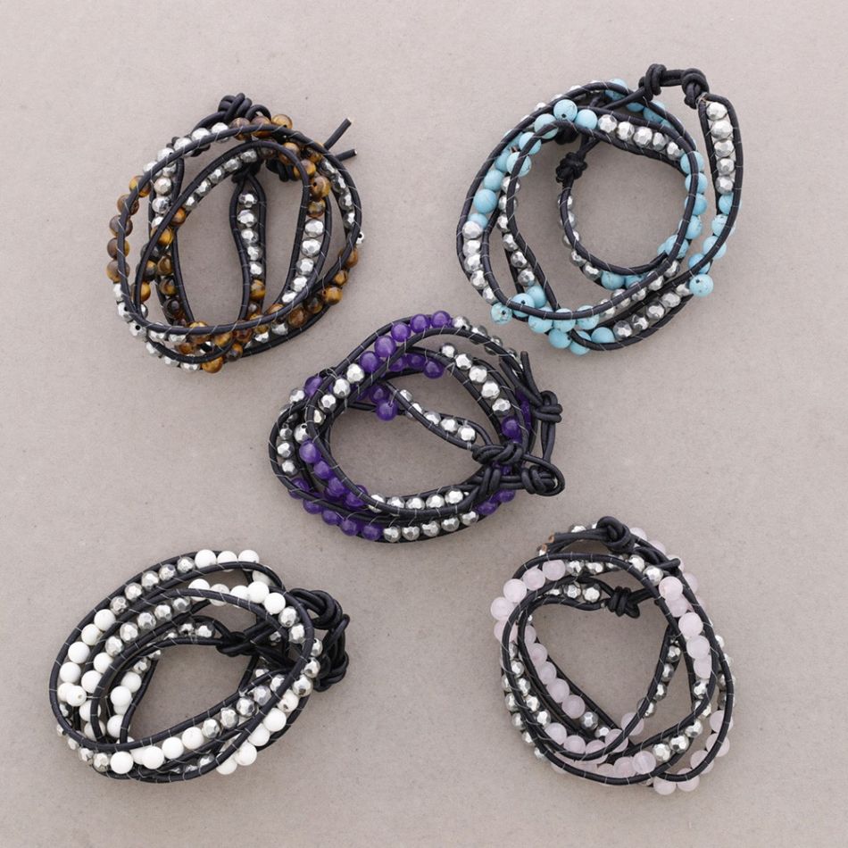 LEATHER BRACELET WITH METAL BEADS AND STONES