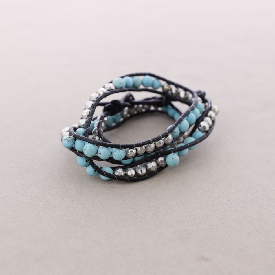 LEATHER BRACELET WITH METAL BEADS AND STONES