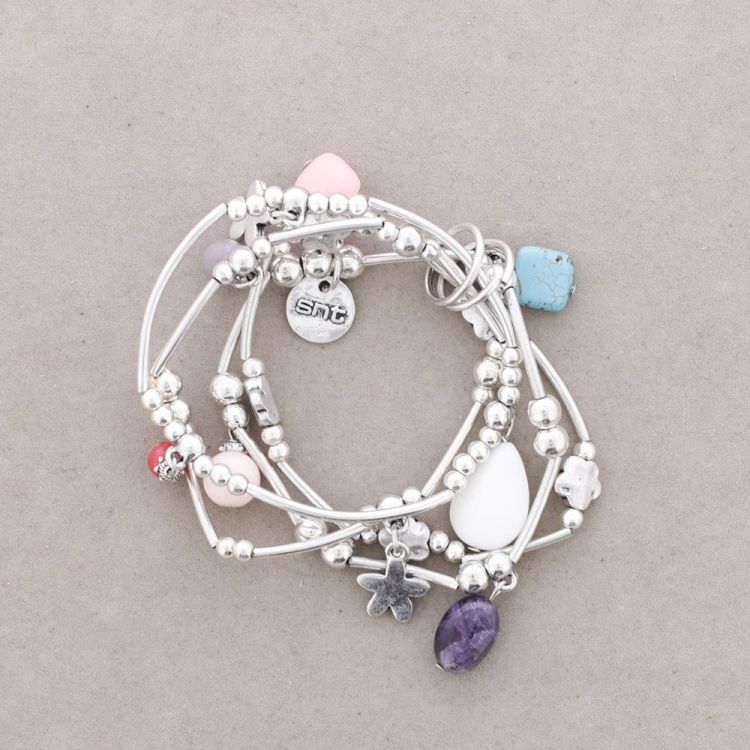 PULSERA 4 TIRAS CUENTAS METAL PIEDRAS