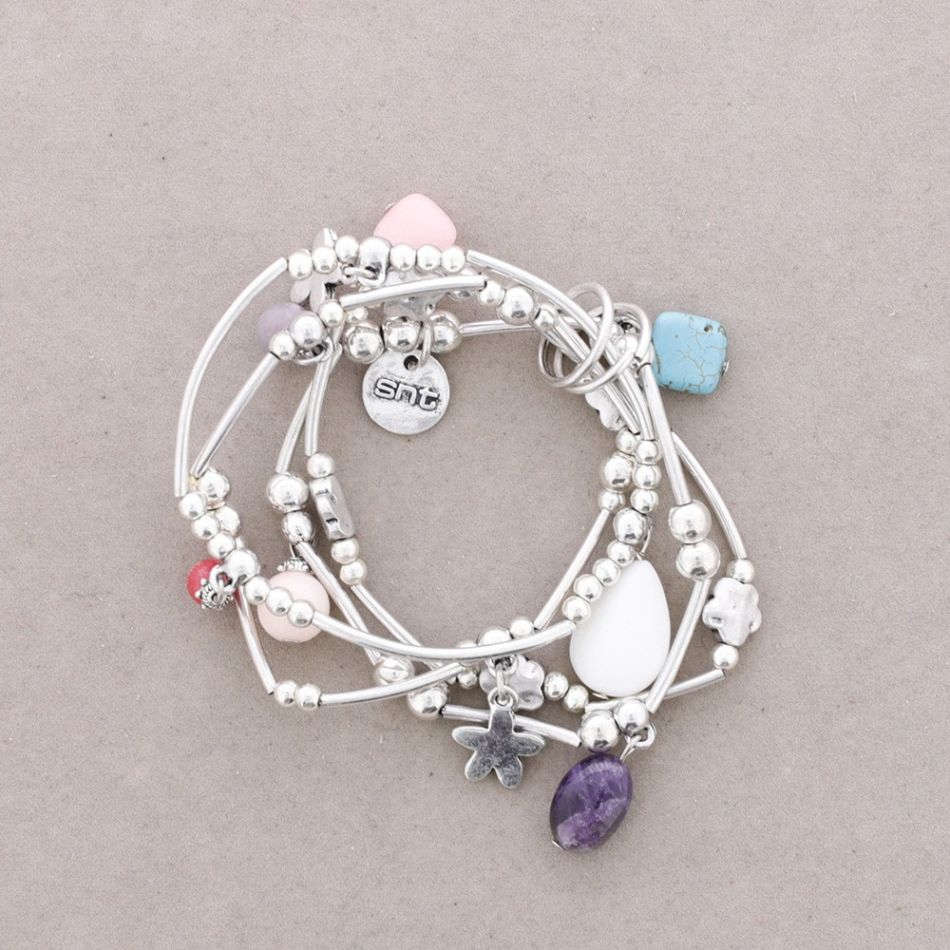BRACELET 4 STRIPS METAL BEADS STONES