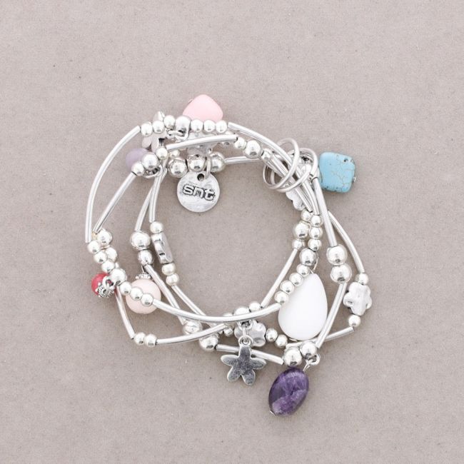 BRACELET 4 STRIPS METAL BEADS STONES