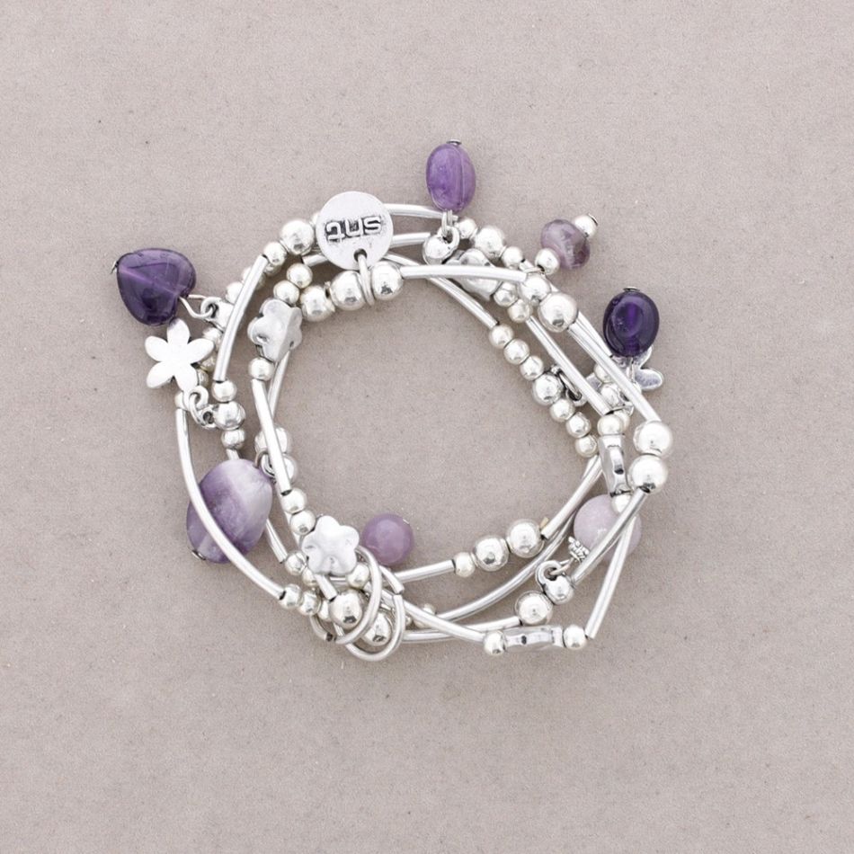 BRACELET 4 STRIPS METAL BEADS STONES