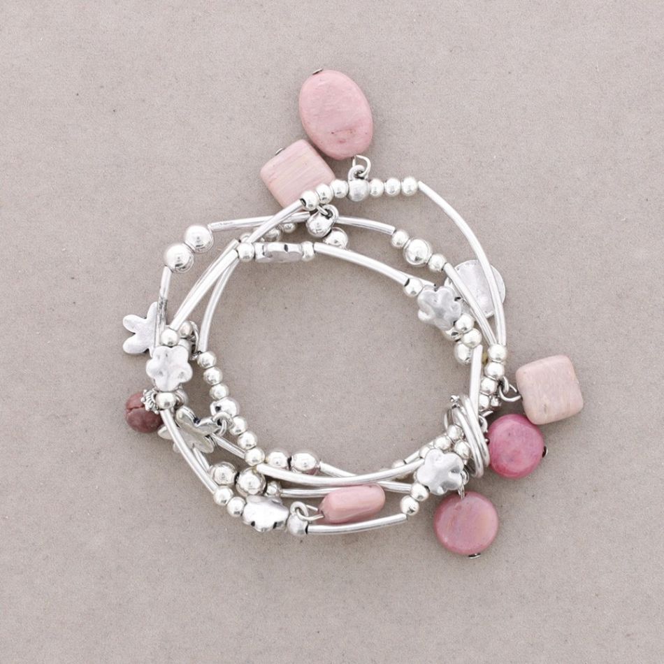 BRACELET 4 STRIPS METAL BEADS STONES