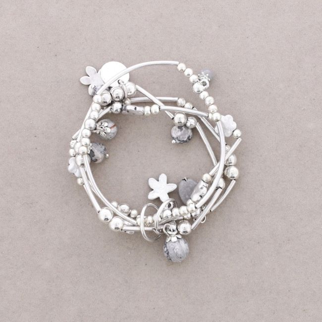 BRACELET 4 STRIPS METAL BEADS STONES
