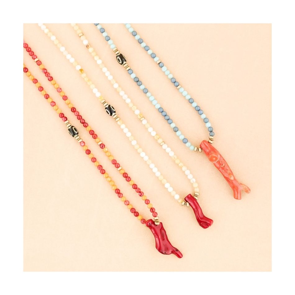 LONG CORAL PENDANT BEADS NECKLACE