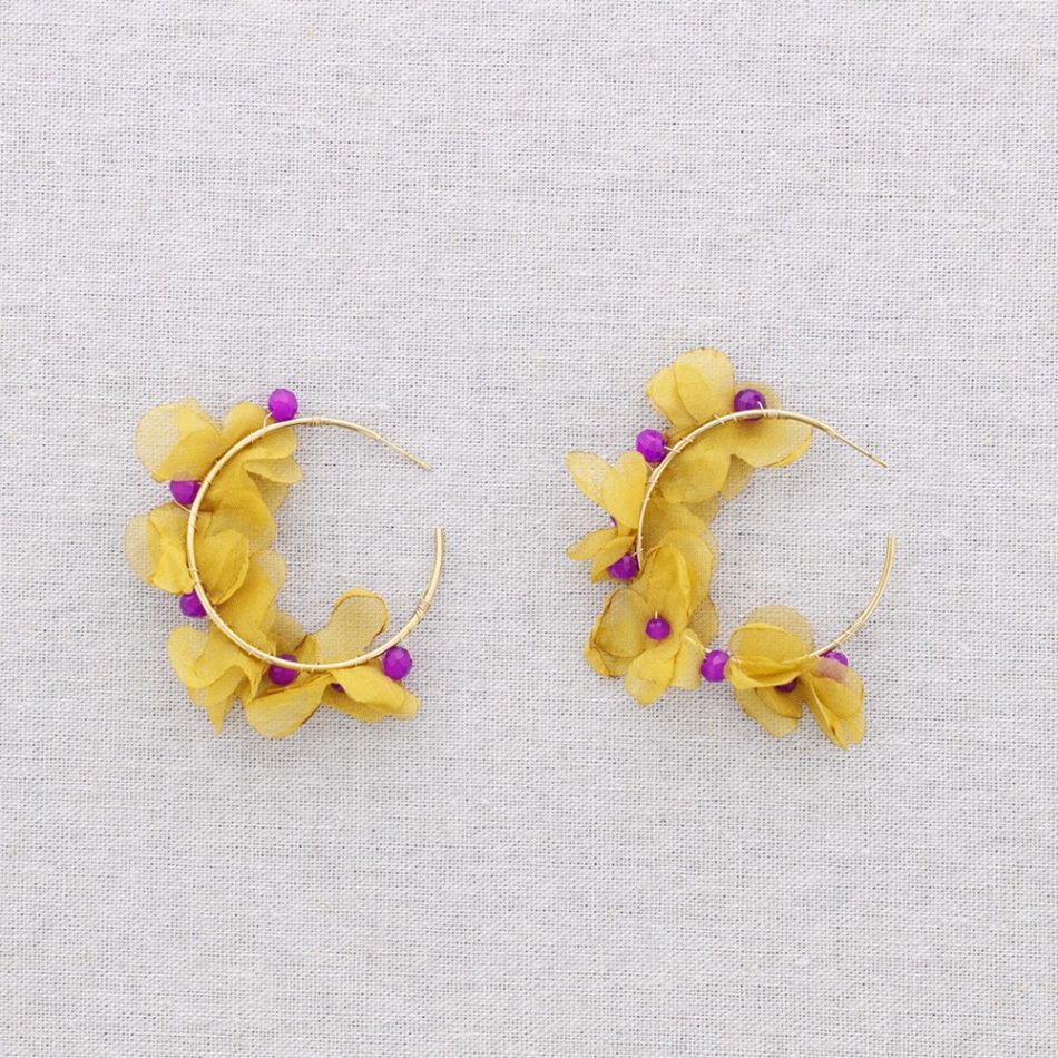 STEEL FLOWER FABRIC HOOP EARRINGS