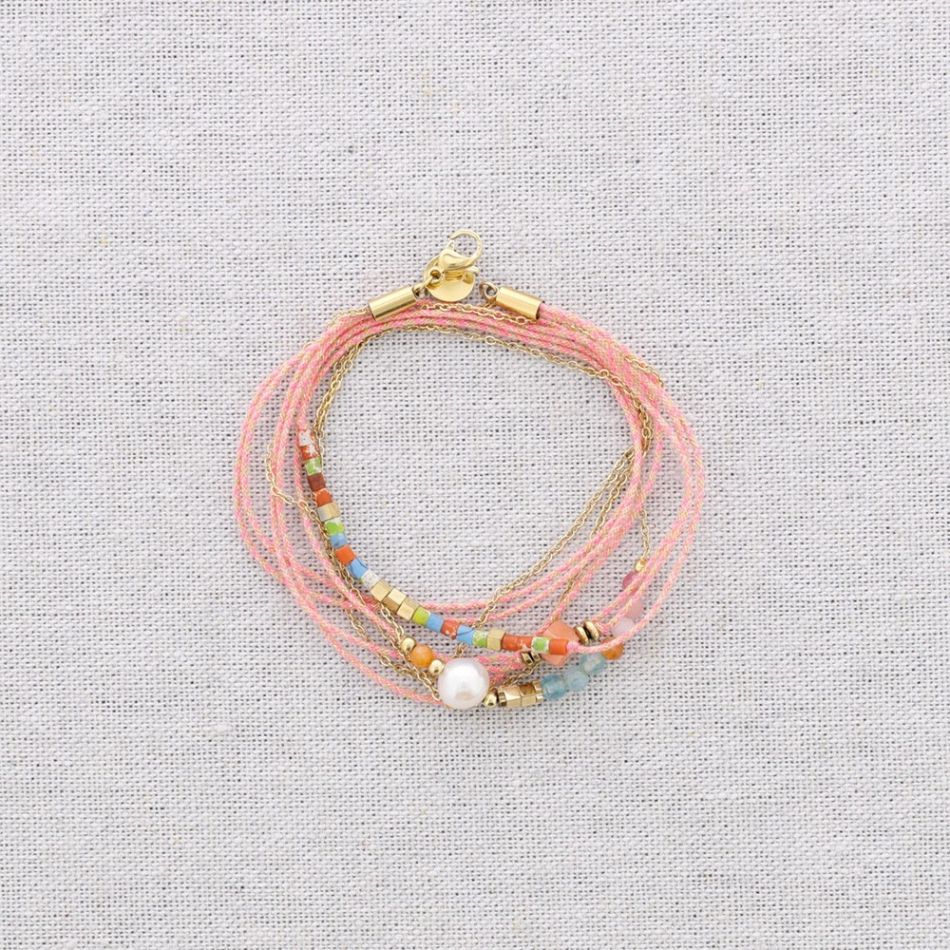 PULSERA TRES VUELTAS ACERO HILOS PIEDRAS