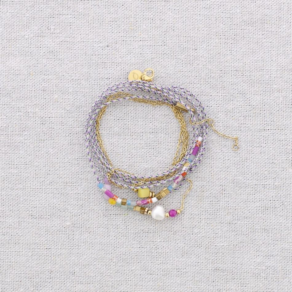 PULSERA TRES VUELTAS ACERO HILOS PIEDRAS