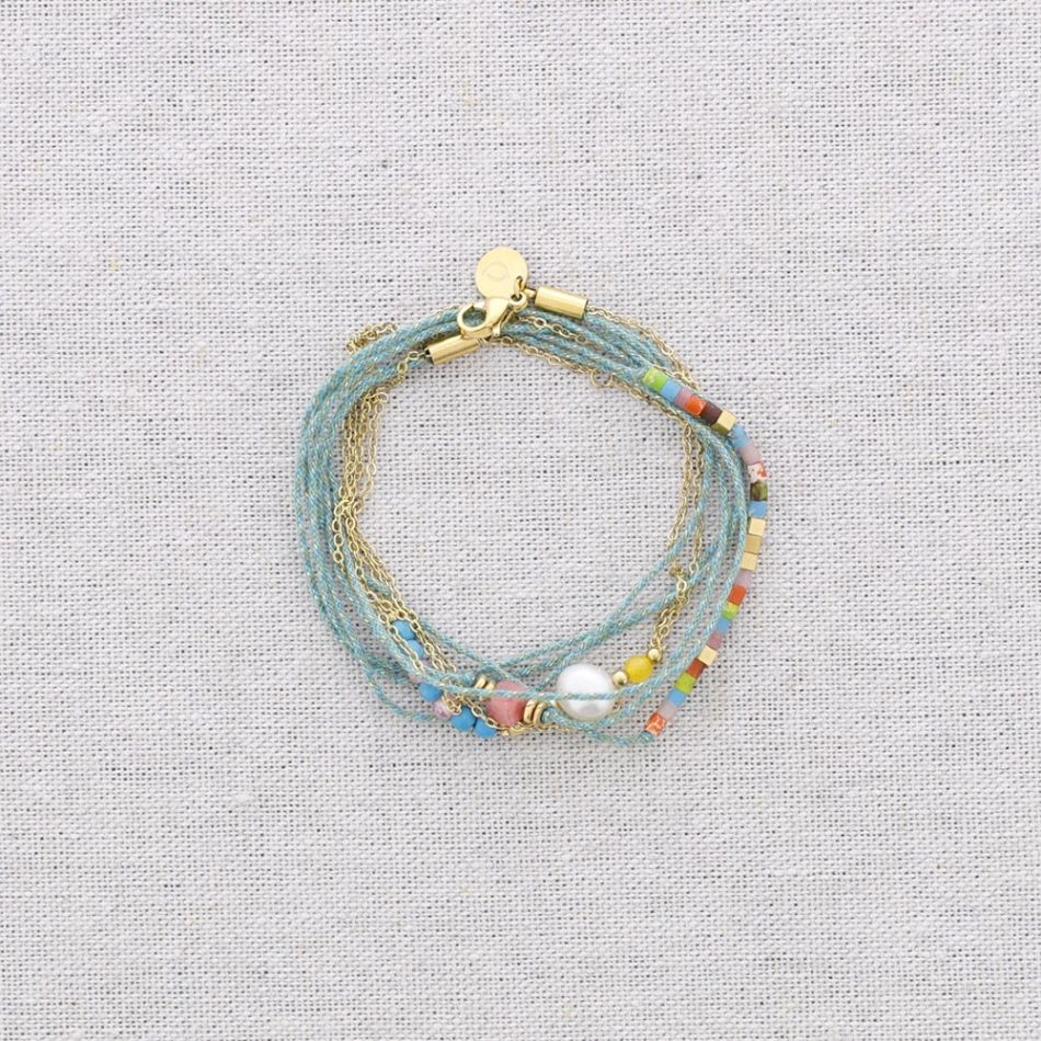 PULSERA TRES VUELTAS ACERO HILOS PIEDRAS