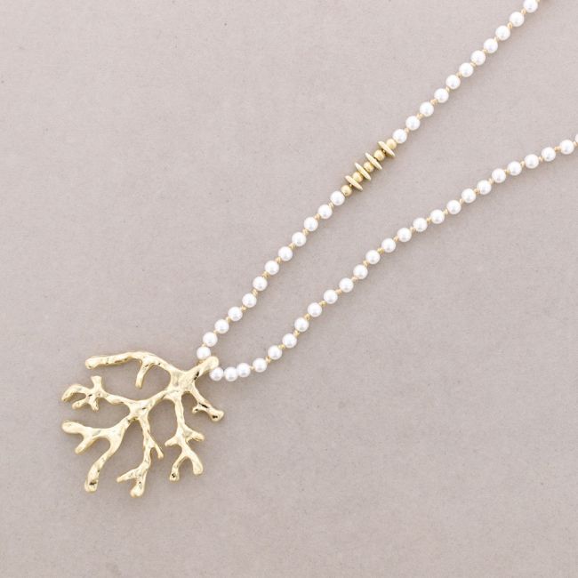 LONG NECKLACE FACETED CRYSTALS CORAL METAL PENDANT