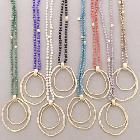 LONG NECKLACE WITH FACETED CRYSTALS, DOUBLE HOOP METAL PENDANT