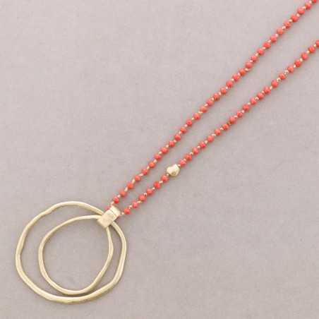 LONG NECKLACE WITH FACETED CRYSTALS, DOUBLE HOOP METAL PENDANT