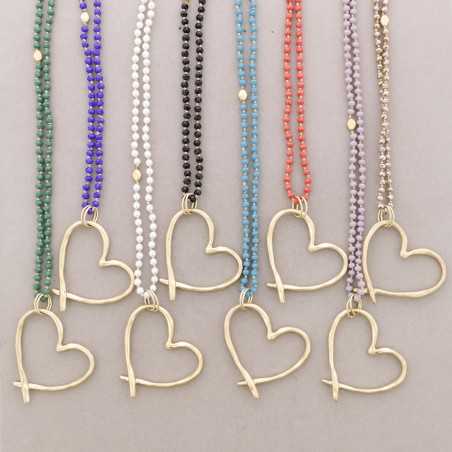 LONG NECKLACE WITH FACETED CRYSTALS, METAL HEART PENDANT