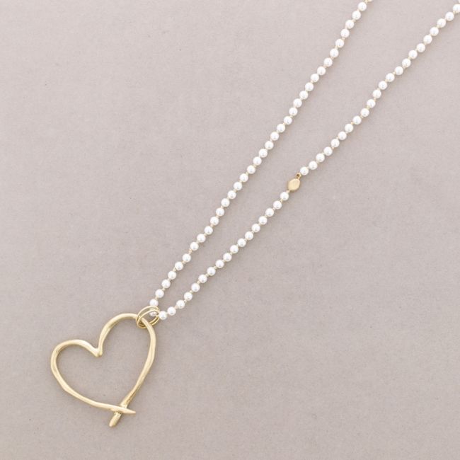 LONG NECKLACE WITH FACETED CRYSTALS, METAL HEART PENDANT