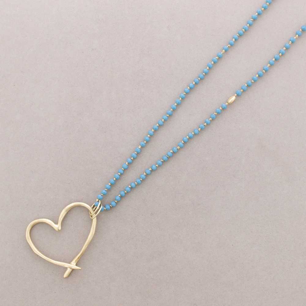 LONG NECKLACE WITH FACETED CRYSTALS, METAL HEART PENDANT