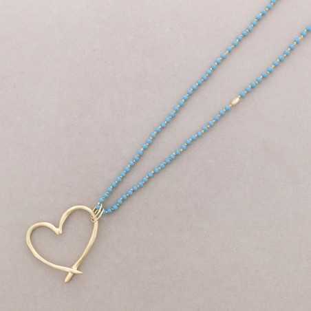 LONG NECKLACE WITH FACETED CRYSTALS, METAL HEART PENDANT