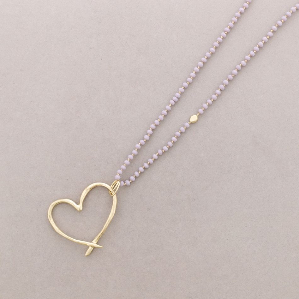 LONG NECKLACE WITH FACETED CRYSTALS, METAL HEART PENDANT
