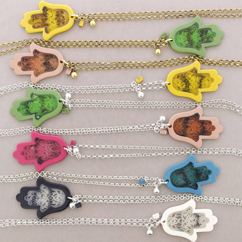 LONG PENDANT NECKLACE TWO-TONE FATIMA HAND