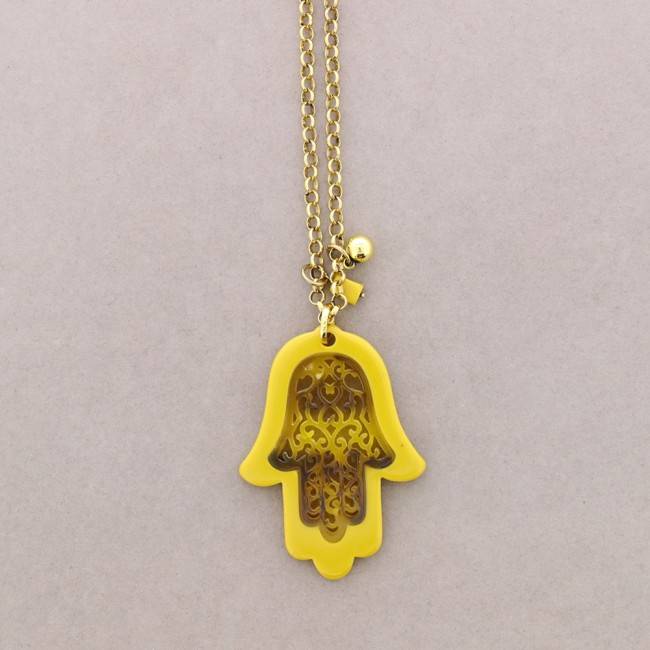 LONG PENDANT NECKLACE TWO-TONE FATIMA HAND