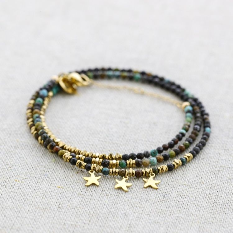 PULSERA ACERO TRES VUELTAS PIEDRAS COLGANTES ESTRELLITAS 2