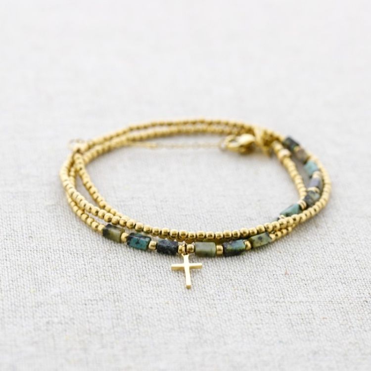 THREE ROUND STONES STEEL BRACELET WITH CROSS PENDANT