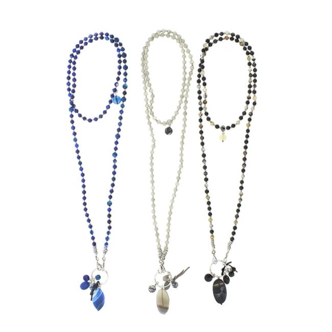 LONG NECKLACE METAL BEADS STONES