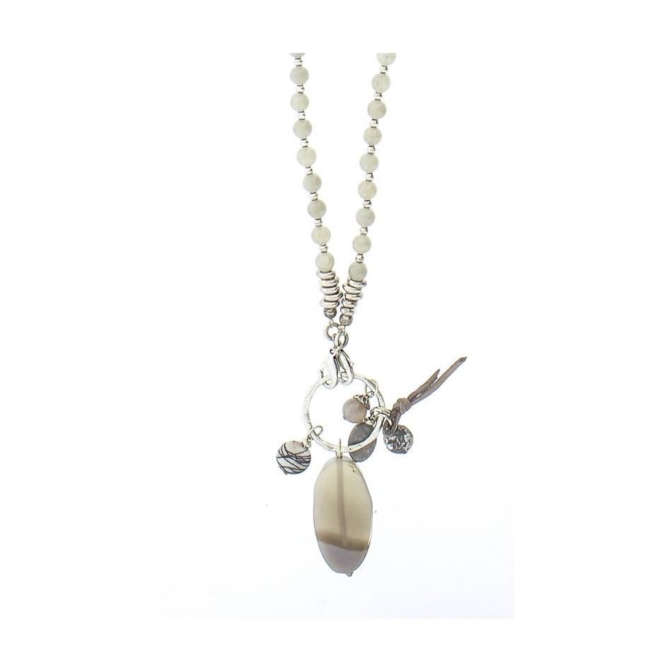 LONG NECKLACE METAL BEADS STONES
