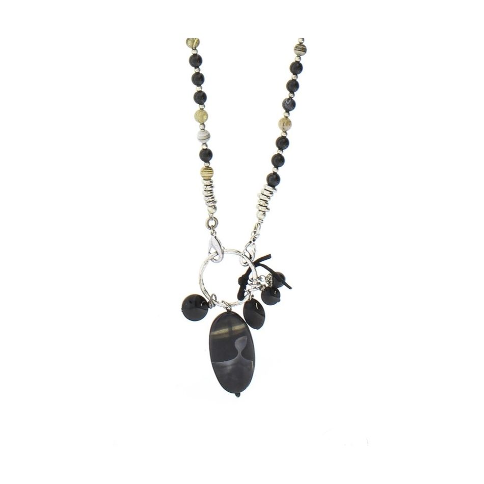 LONG NECKLACE METAL BEADS STONES