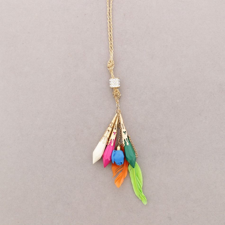 LONG NECKLACE METAL RESIN FEATHERS PENDANT