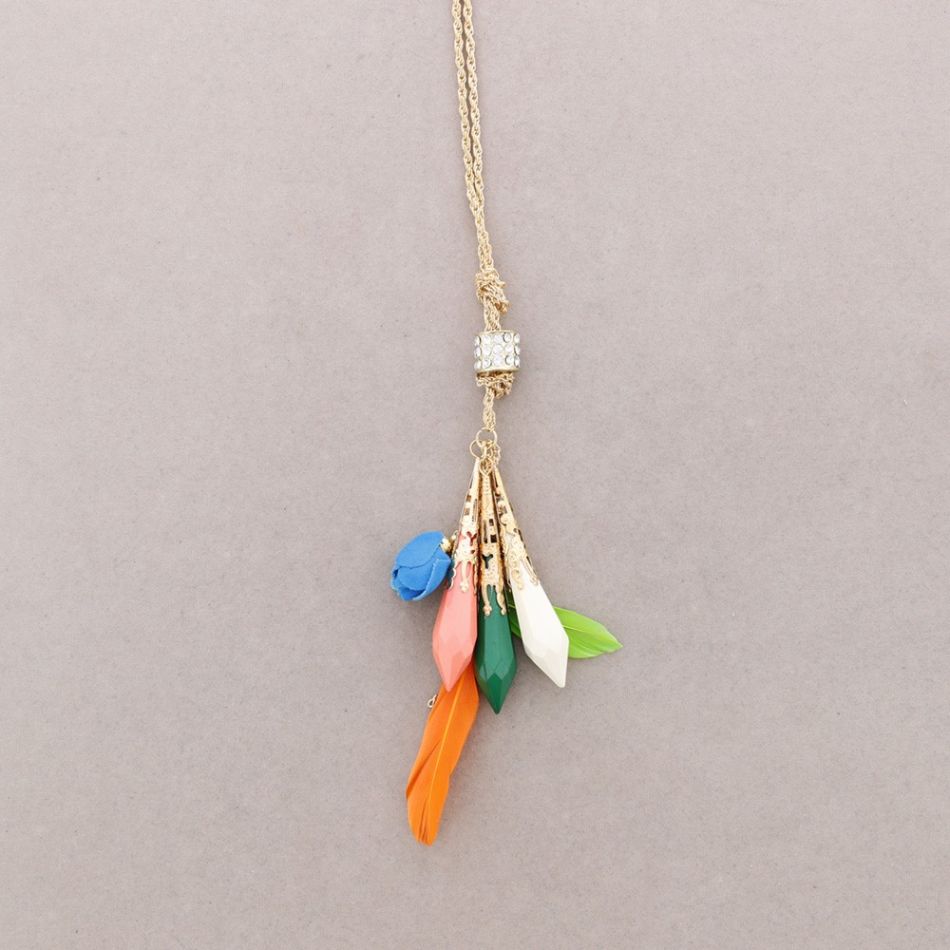 LONG NECKLACE METAL RESIN FEATHERS PENDANT