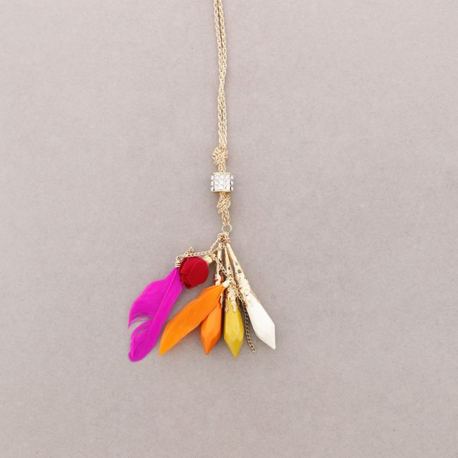 LONG NECKLACE METAL RESIN FEATHERS PENDANT